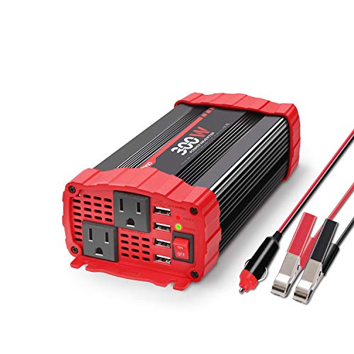 BYGD 300W Car Power Inverter, DC 12V to 110V AC Vehicle Plug Adapter Converter with 4 USB Quick Charging Ports and Dual AC Outlets Car Charger Equipped Cigarette Lighter Cable and Battery Clamps Red - size: 300W