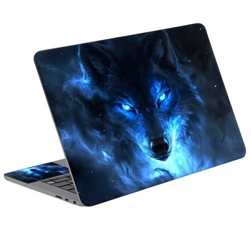 Universal Laptop Skin Sticker Decal with 2 Wrist Pad Skins, Waterproof Scratch Vinyl Cover for 11–15.6 Inch MacBook, HP, Dell, Lenovo, Cutable & Reusable,Glowing Blue Fire Wolf - color: Glowing Blue Fire Wolf