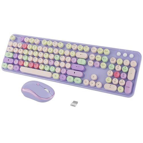 Wireless Computer Keyboard and Mouse Combo,Colorful Purple | Ergonomic Full Size Typewriter Retro Round Keycaps Keyboard, Compatible with Windows, PC, Perfer for Home and Office - color: purple