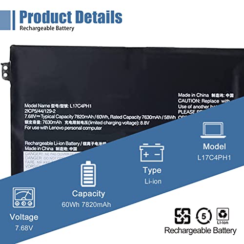 L17C4PH1 Laptop Battery Compatible with Lenovo Yoga C930-13IKB Yoga C930-13IKB Glass Series Notebook L17M4PH1 5B10Q82426 5B10Q82425 7.68V 60Wh 7820mAh - size: 11.45*3.78*0.2 inch L17C4PH1
