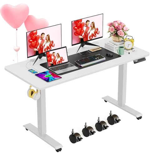farexon Electric Standing Desk Adjustable Height, 55x24 Inches Computer Desk with 4 Preset Heights, Double Metal Hook, Rolling Wheels, Multifunctional Stand up Desk for Home/Office(White) - color: White, size: 55 x 24''