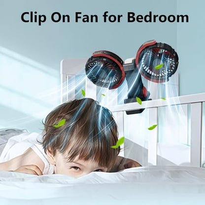Dual Head Clip on Fan Battery Powered with Light,Portable USB Rechargeable Powerful Desk Table Fans,360°Rotation Cooling Clamp Fans for Car,Golf Cart,Treadmill,Kitchen,Outdoor Travel Camping(Black) - color: Black