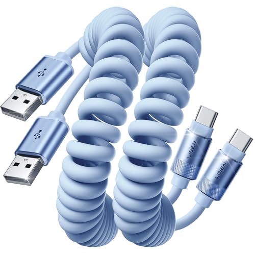 LISEN Chubby Cable, Coiled Cable 2 Pack Car Play Cord | for Android Auto Short USB A to USB C Cable for iPhone 17/16/15, Samsung Galaxy S25/S24 A15/A14, Google Pixel 9/8, Blue 4FT - color: Blue, size: 4FT