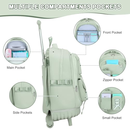 Scothen Rolling Backpack for Girls, Girls Backpack Set with Lunch Box & Pencil Pouch for Teen Girl Kids Children Elementary Middle School, Bookbag Daypack Laptop Travel Backpack with Wheels (Green) - color: Green