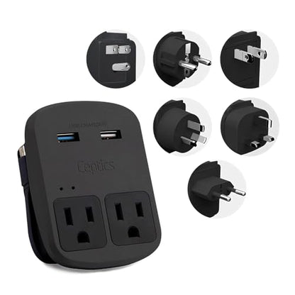 Ceptics World Travel Adapter Kit - QC 3.0 Dual USB + Dual US Outlets, Surge Protection, Perfect For Europe, UK, China, Australia, Japan, Perfect For Laptop, Cell Phones, Cameras - Safe ETL - Black - color: Matte Black