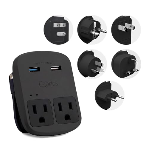 Ceptics World Travel Adapter Kit - QC 3.0 Dual USB + Dual US Outlets, Surge Protection, Perfect For Europe, UK, China, Australia, Japan, Perfect For Laptop, Cell Phones, Cameras - Safe ETL - Black - color: Matte Black