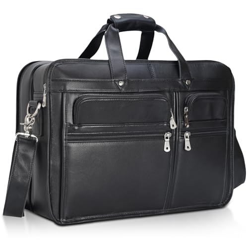 Polare Modern Messenger Bag with Retro Feel 17" Men’s Laptop Briefcase with Full Grain Leather and Premium YKK Zippers - color: Black(fit 15.6" Laptop)