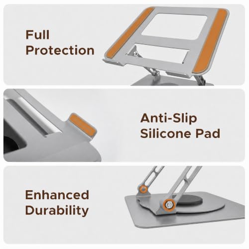 Aluminum Laptop Stand for Desk, Heavy Duty Computer Stand with 360° Rotating Base, Ergonomic Adjustable Height Notebook Riser, Compatible with MacBook Pro/Air, Dell, HP, 10-17” Laptops - Silver - color: Silver