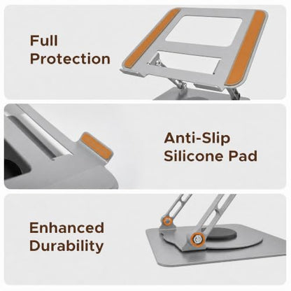 Aluminum Laptop Stand for Desk, Heavy Duty Computer Stand with 360° Rotating Base, Ergonomic Adjustable Height Notebook Riser, Compatible with MacBook Pro/Air, Dell, HP, 10-17” Laptops - Silver - color: Silver
