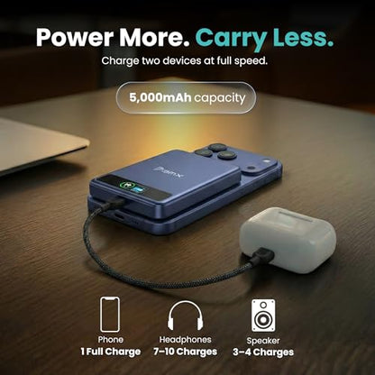 5K Magnetic Power Bank, Silver, Qi2 Certified 15W Wireless Charger, LCD Display, Ultra-Slim Solid-State Battery Pack for iPhone 17/16, Lightweight Travel, USB-C Portable (Blue) - color: Blue