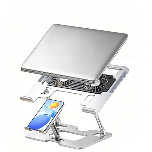 Ergonomic 2-in-1 Laptop Stand for Desk with Fans,Adjustable Laptop Riser with Phone Holder,Computer Stand for Laptop,Sturdy and Portable Stand,Compatible with All Laptops and Phones White - color: White, size: 2-in-1 with Fans
