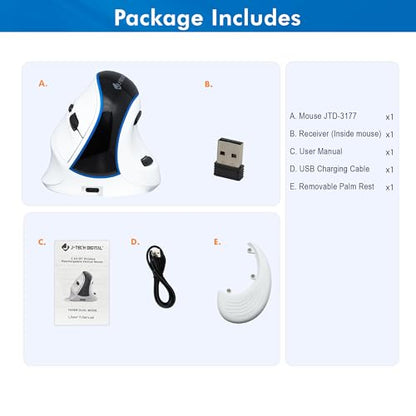 J-Tech Digital Wireless Mouse, Vertical Ergonomic Mouse with Bluetooth Dual Modes + USB Dongle + Rechargeable w/ 2.4GHz Wireless + Adjustable DPI 3200 for Laptop, Desktop, PC, Mac [V638W], White