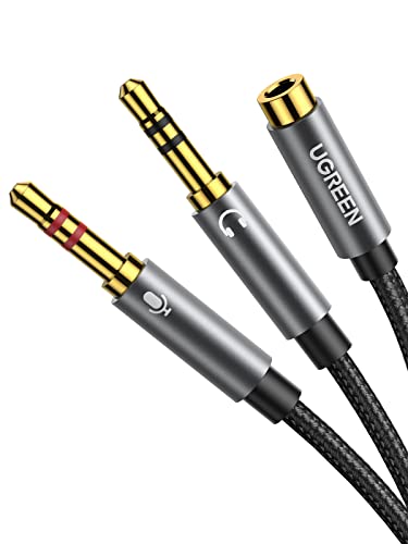 UGREEN Headphone Splitter for Computer 3.5mm Female to 2 Dual 3.5mm Male | Gaming Headset to PC Adapter, Braided Audio Cable, For Laptop with Separate Audio and Mic, Stereo Jack Earphones Port Y Cord