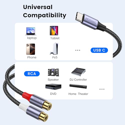 MOSWAG USB-C to Dual RCA Audio Adapter Cable Female | Gold plated braided audio splitter for PC,phone,tablet,speaker,amp,car stereo Stable,withstands frequent plugging,plug&play - size: 1 Pack