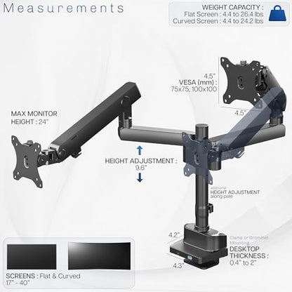 VIVO Premium Aluminum Full Motion Dual Monitor Desk Mount Stand with Lift Engine Arm, Pole Extension, and USB Ports, Fits Ultrawide Screens up to 40 inches, STAND-V102BDU - size: Dual monitor, style: Extended