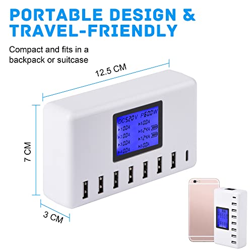 60W 12A 8-Port USB Charging Station - Multi Port USB Hub Charger with LCD Display - Compatible with iPhone, iPad, Samsung, Kindle, Tablet, Bluetooth Earbuds and More - color: white