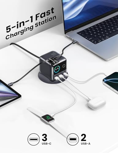 JOYROOM 5-in-1 USB C Charging Station, 140W Ultra-Fast 5-Port Desktop Charger with Dual Retractable 100W USB-C Cables (2.6ft), 1.54” Smart LCD Power Display for MacBook, iPhone, Home & Office