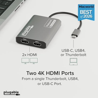 Plugable USB C to HDMI Adapter, Dual Monitor 4K 60Hz for Apple Mac M1/M2/M3/M4/M5/Neo, DisplayLink Multiple Displays for Thunderbolt MacBook or iMac, Driver Required (USBC-6950M)