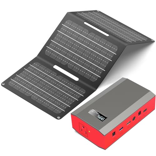 Portable Solar Power Bank with AC Outlet 65W 110V External Battery Pack, 24000mAh Portable Laptop Charger with Foldable Solar Panel 30W for Outdoor Smart Device Camping Hiking Trip Off Grid Backup - color: Red Black