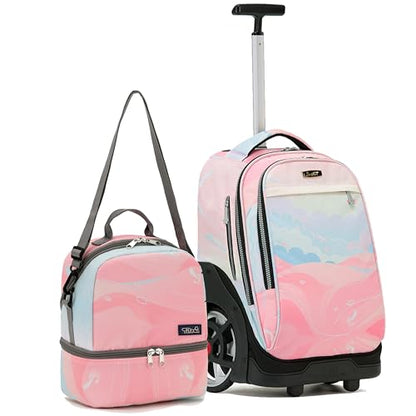 NEW TILAMI 19 Inch Rolling Backpack with Lunch Bag School Stair-Climbing | Stair-Climbing Teen Boys Girls Carry-on Suitcase Large Compartment 15.6 Laptop Sleeve Adjustable Handle Roller Travel Bag - color: Pink