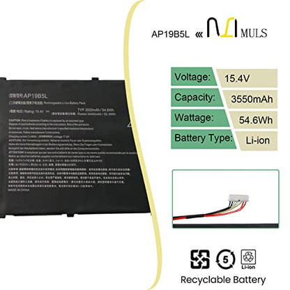MULS AP19B5L Laptop Battery for Acer Aspire 5 A515-43 A515-52 SF314-42 | A515-43-R19L A515-43-R73N A515-43-R6MB A515-43G A515-52G SF314-42-R2VJ SF314-42-R2CZ SP314-21N-R5FR Vero AV15-51 15.4V 54.6Wh