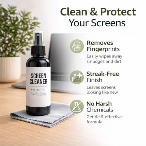 Fenestra Screen Cleaner Spray Kit – 4 oz Premium Screen Cleaning Solution with Microfiber Cloth – Safe for Phones, Laptops, Tablets, TVs and Electronics