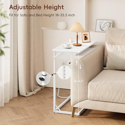 C Shaped End Table with Charging Station, C-Table End Table Adjustable Height Side Table for Couch, Large Couch Table, Slide Under Sofa Table TV Tray Arm Table for Living Room, Bedroom, White - color: White, style: With Plug
