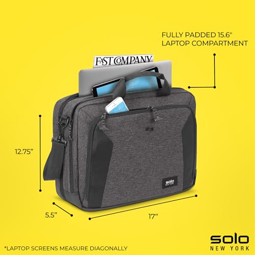 Solo New York Briefcase - Laptop Carrying Bag for Women & Men, Brief for Travel & Work, Internal Tablet Pocket, Adjustable Shoulder Strap, Fits 15.6" Computer - Voyage, Gray & Black