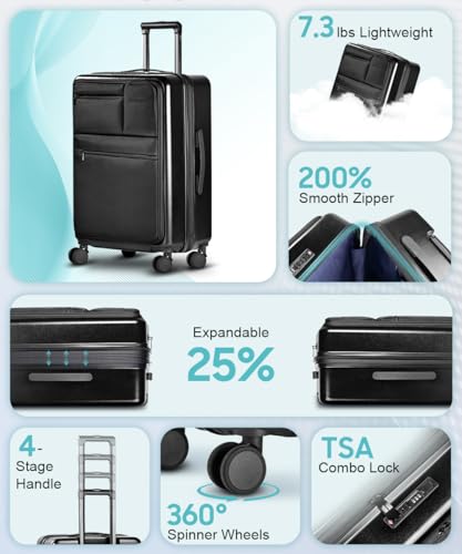 Carry On Luggage 20x14x9 Airline Approved, 20 Inch Spinner Suitcase with Front Laptop Pocket, USB A & C Ports, TSA Lock, Expandable Hardshell Carry-on Bag with Wheels, Hybrid Front Access - color: Black, size: 20 inch