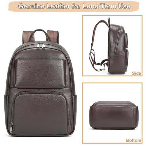 Genuine Leather 15.6 Inch Laptop Backpack for Men, Multi Pocket Casual Daypack Shoulder Bag for Business Travel Outdoor, Coffee - color: Coffee
