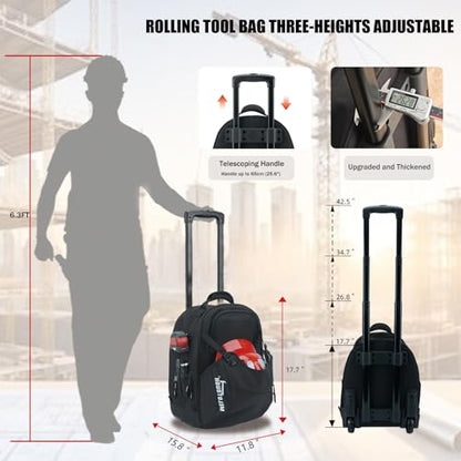 MELOTOUGH Rolling Tool Bag with Telescoping Handle 35 Pockets Wheeled Electrician Backpack Tool Bag For Men,Water Resistant Tool Storage Organizer Including Laptop Sleeve(BLK) - color: Black