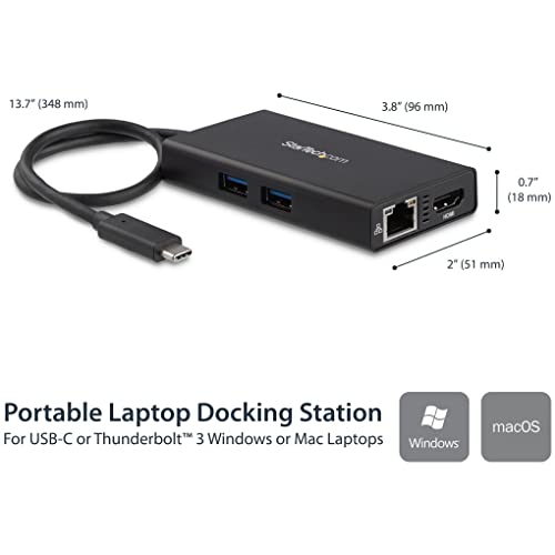 StarTech 4-in-1 USB-C Travel Dock with 4K HDMI, 60W PD, GbE, USB-A, TAA | Windows, macOS, ChromeOS, Driverless setup, 10in/25cm attached cable, USB Powered, 2-port USB-A 3.0 5Gbps - style: 60W Power Delivery | 2x USB-A 3.0