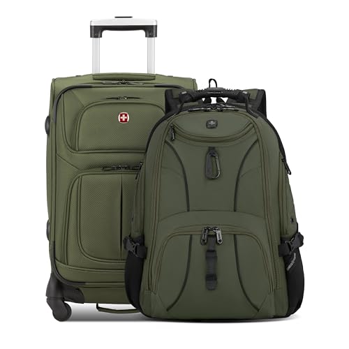 SWISSGEAR Sion 2-Piece Travel Set, Softside Expandable Carry-On Spinner Bundled with 1900 ScanSmart 17" Laptop Backpack with RFID Blocking & Tech Organization, Evergreen - color: Everrgreen, size: 2-Piece Set (Carry-On/Backpack)