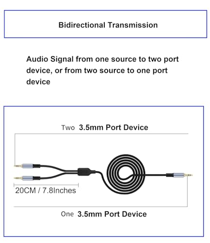 1/8" TRS Stereo Splitter Cable 3.3FT(Splitter 20cm), Male to Dual Male, 3.5mm Y-Splitter Stereo Cable, for Speakers, Headphone, Cell Phone PC Laptop, Perfect for Switching or Two Sets of Speakers - size: 3.3FT
