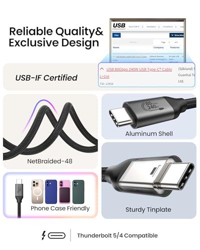 Silkland 80Gbps USB 4 for Thunderbolt 5 Cable 3.3FT, [USB-IF Certified] 120Gbps Bandwidth for 16K/Dual 8K, 240W, Braided USB C Video Cable Compatible Thunderbolt 4,SSD,MacBook M4 Pro, iPhone17, Dock - size: 3.3 Feet