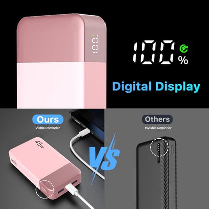 NOBIS Portable Charger 45W 20000mAh Power Bank Fast Charging | 2C+2A Battery Pack with C to C Cable, Battery Bank with Digital Display for iPhone Android Laptop etc - color: Pink