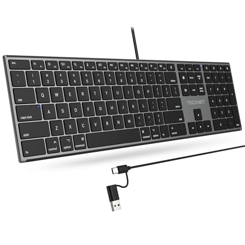 TECKNET Wired Keyboard for Mac, USB & Type-C Dual Interface, Silent Click | Ultra-Slim Keyboard, Full Size with Numeric Keypad, Compatible with Apple MacBook Pro/Air, iMac Pro/mini - color: Grey and Black