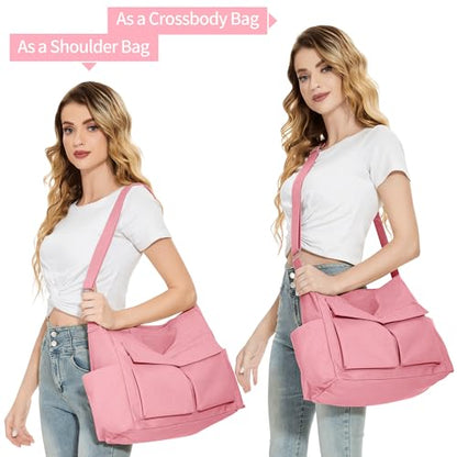 KALIDI Canvas Tote Bag Large Hobo Crossbody Shoulder Handbag Zipper Messenger Bag for Women or Men Casual College Work - color: Upgraded Pink