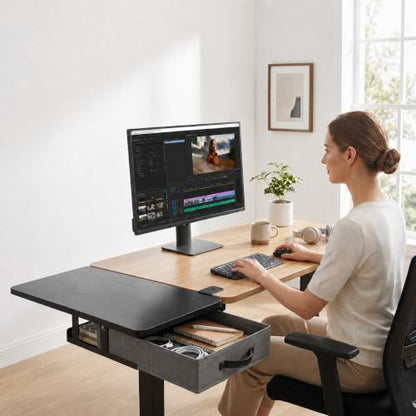 Desk Extender Tray with Drawer, 24 x 12 in, Clamp On Desk Shelf, Black | Extension Table Extender, Keyboard Tray Arm Rest, Front or Side Mount, 55 lbs, Home Office Gaming