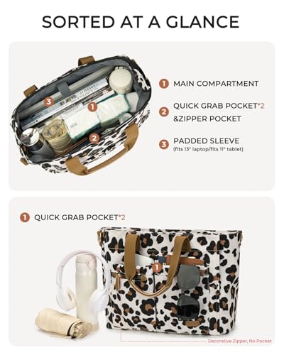 Tuwubi Canvas Tote Bag for Women, Large Tote Bag with Zipper & Compartments for Travel Work College Teacher Nurse - color: Leopard Print