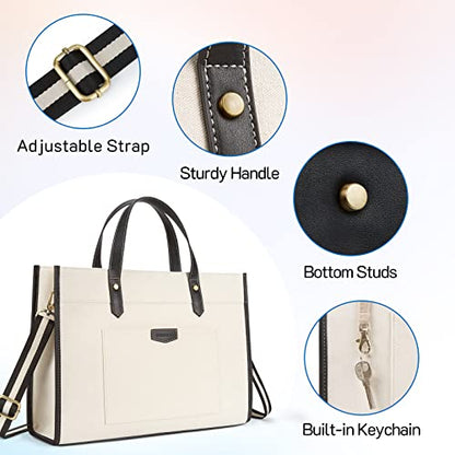 Missnine Laptop Tote Bag Canvas Laptop Bag 15.6 inch Work Shoulder Bags Casual Briefcase Handbag for Travel, Office, College - color: Black+beige