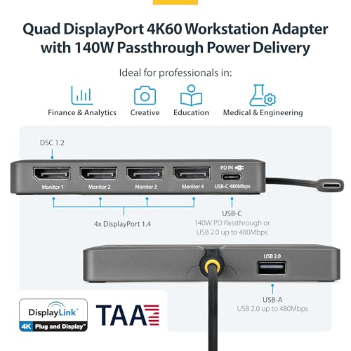 StarTech USB-C to Quad DisplayPort Workstation Dock, 4K 60Hz, 4K 120Hz, TAA | 140W PD passthrough, DisplayLink DL7400, Keyboard & mouse, Mac M1-M5, USB4, Thunderbolt, Four DP monitors, Windows, 4K60