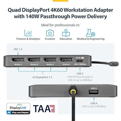 StarTech USB-C to Quad DisplayPort Workstation Dock, 4K 60Hz, 4K 120Hz, TAA | 140W PD passthrough, DisplayLink DL7400, Keyboard & mouse, Mac M1-M5, USB4, Thunderbolt, Four DP monitors, Windows, 4K60