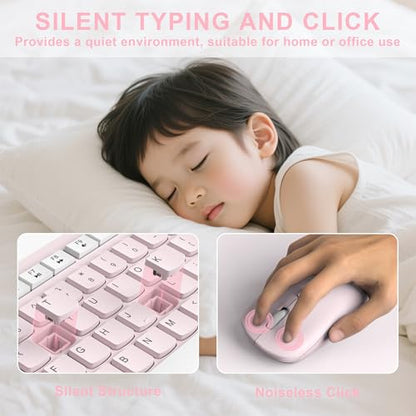 Wireless Keyboard and Mouse Combo, Reccazr 2.4G Full-Sized Keyboard and Mouse Cordless, 3 DPI Adjustable Mouse, Dual-System Keyboard for Computer/Laptop/Windows/Mac (Pink & White) | Silent 2.4G Full Size Cordless Keyboard with Tilt Legs,3-Level DPI Quiet
