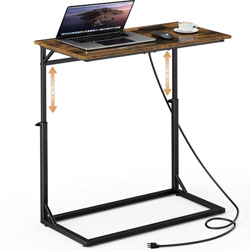 C Shaped End Table with Charging Station, Large C-Table End Table Adjustable Height Side Table for Couch, Couch Table Slide Under Sofa Table TV Tray Table for Sofa, Living Room, Bedroom,Brown - color: Rustic Brown, style: With Plug