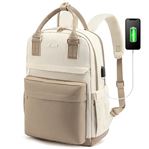 LOVEVOOK Laptop Backpack for Women 15.6 Inch Laptop Bag with USB Port, Fashion Waterproof Backpacks Teacher Nurse Stylish Travel Bags Vintage Daypacks Bookbag for College School Work - color: Khaki & Pinkish Beige, size: 15.6 Inch