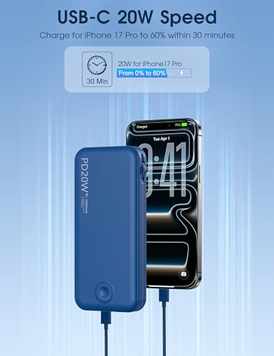 Nusyddy Portable Charger 10000mAh Fast Charging w/Built-in Wall Plug Navy | PD20W Fast Charging, LED Indicator, Pass Through Charging, TSA Approved, Compact/Slim, Power Bank for iPhone/iPad/Samsung - color: Navy