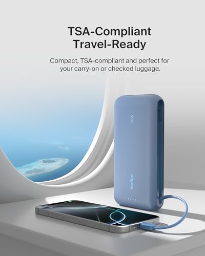 Belkin 20000mAh 30W USB C Power Bank, Portable Charger for iPhone & iPad | Fast Charging, Integrated USB C Cable, Eatra USB C Port, iPhone 17, iPad, Samsung Galaxy S26, Charge 2 Devices - color: Blue, style: 20K mAh