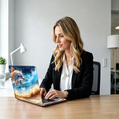 Ocean Wave Dolphin Universal Laptop Skin Sticker 3PCS, Protective Decal Trim-to-Fit 11.6" 13.3" 14" 15.6" Laptop Vinyl Cover, Removable Anti-Scratch Computer Decal Protector - color: Ocean Wave Dolphin