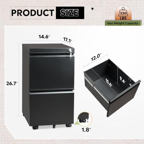 DEVAISE 2 Drawer Mobile File Cabinet, Fully Assembled | Under Desk Metal Filing Cabinet with Lock for Home Office, Fits Letter/Legal/A4 Size, Black - color: Black, size: 17"D x 15"W x 27"H
